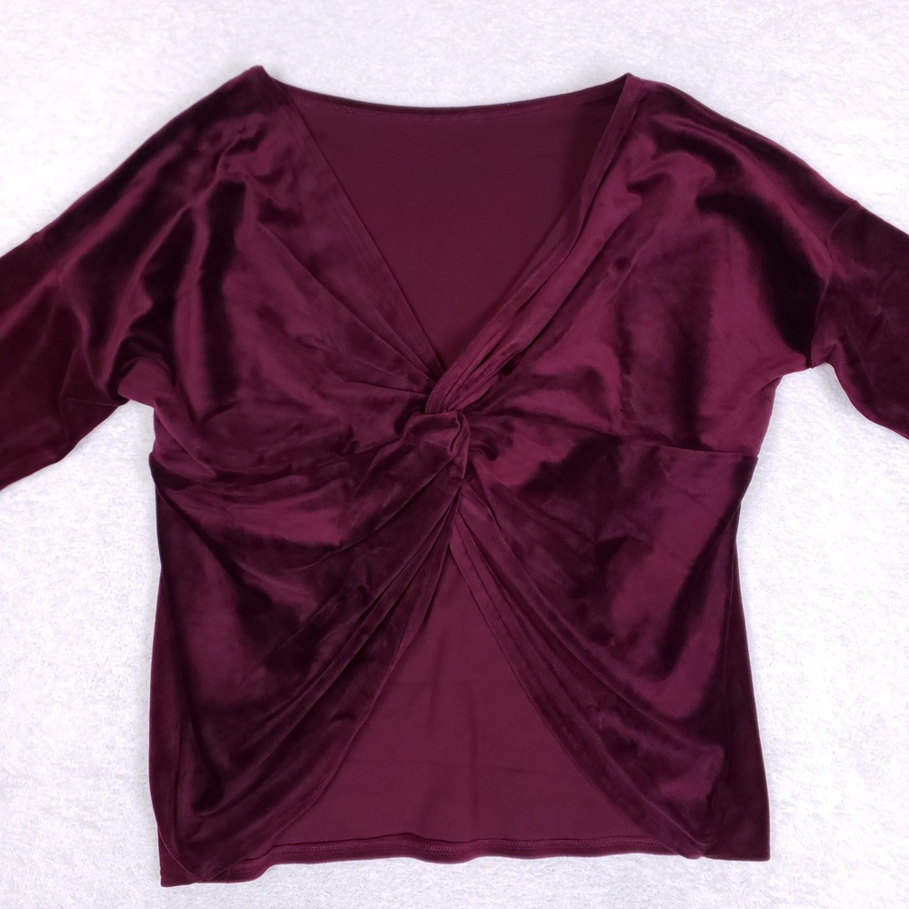 Fashion Nova Velour Top Women Small Twist Front Long Sleeve Burgundy Party Shirt